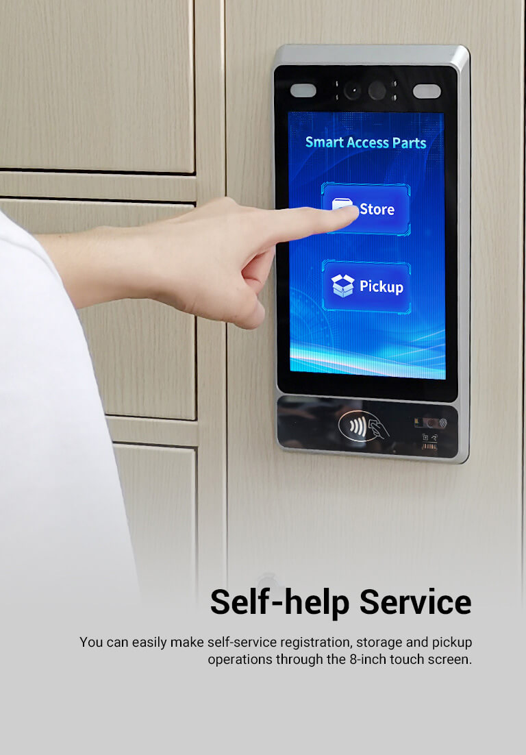 Smart locker make self-service registration, storage and pickup operations through the 8-inch touch screen.