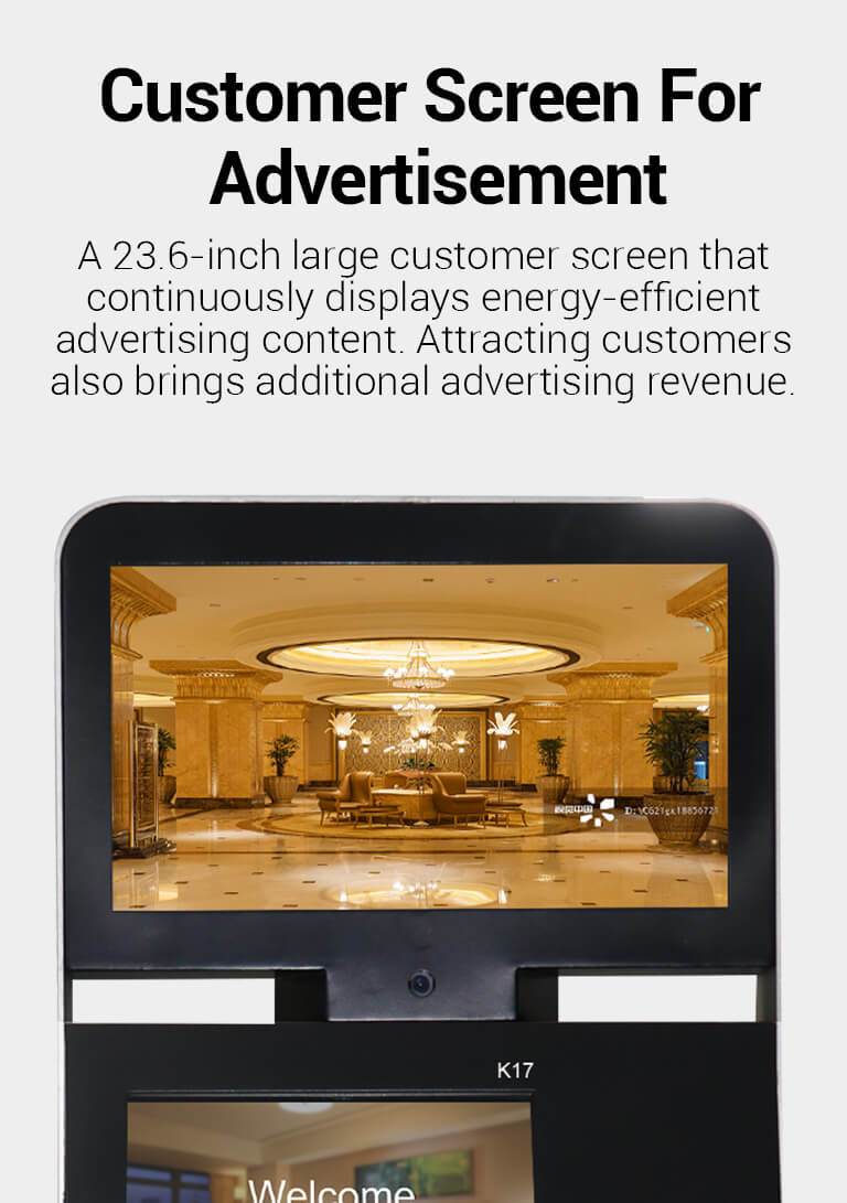 dual screen hotel kiosk terminal with advertisement